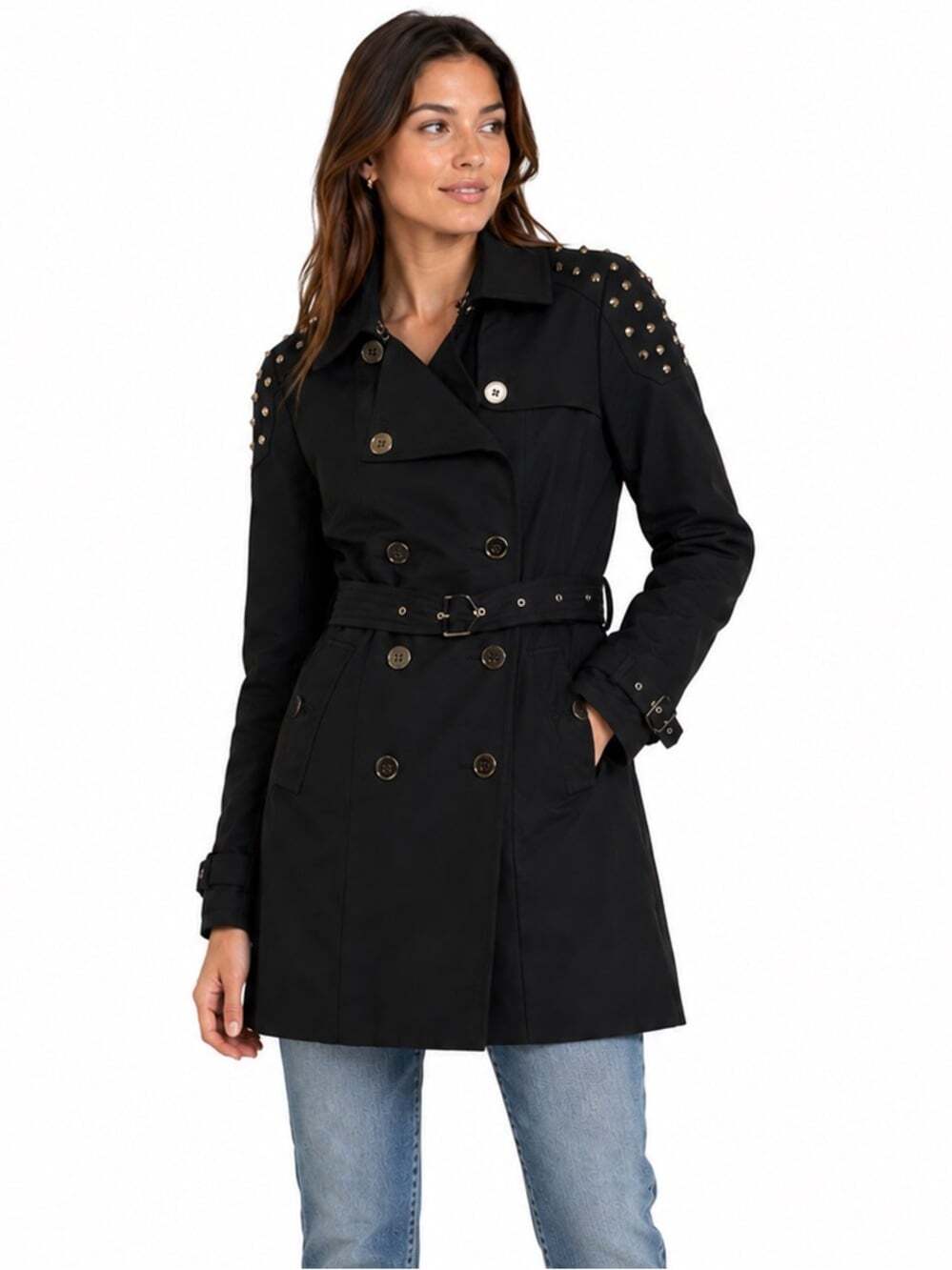 Sandra Augelozzi Black Studded Trench Coat Size 34 Designer Statement Outerwear